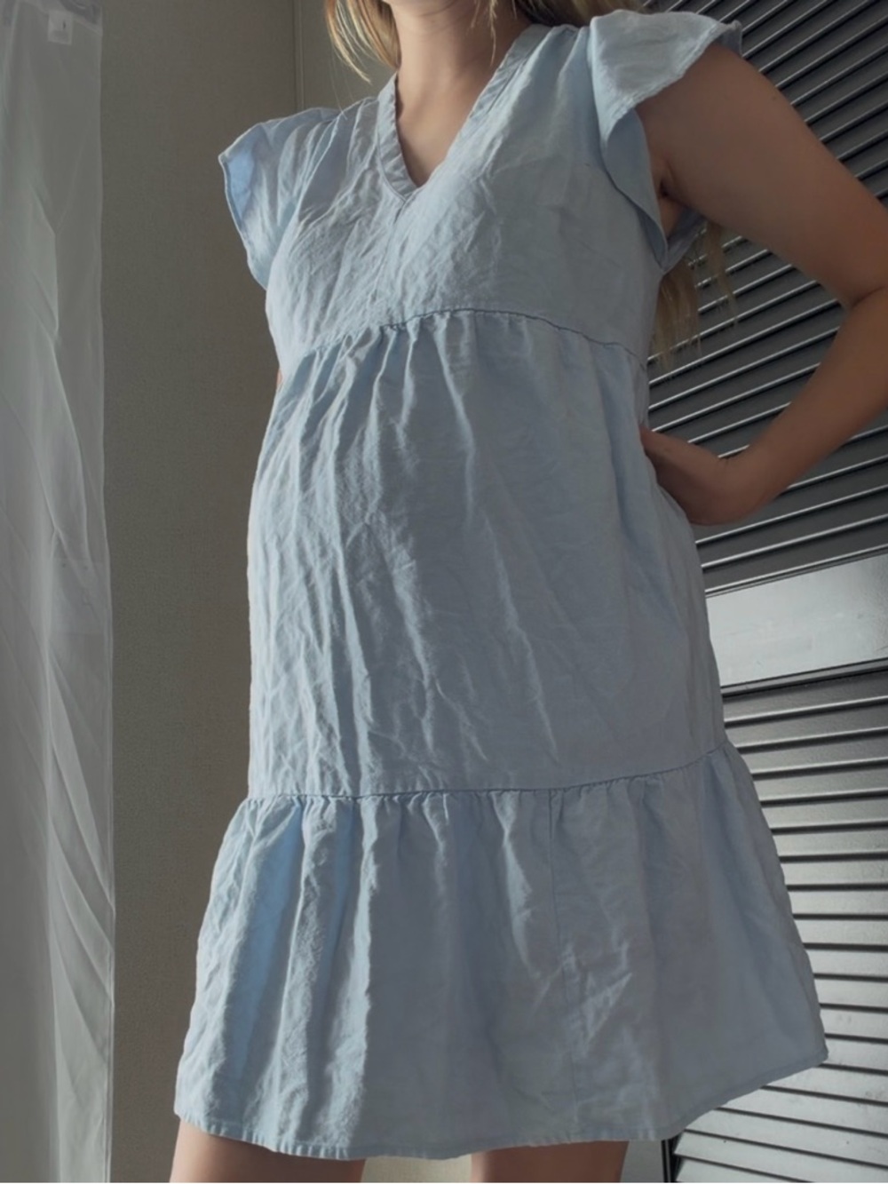 Light Blue V-Neck Babydoll Mayernity Dress - Picture 3 of 7